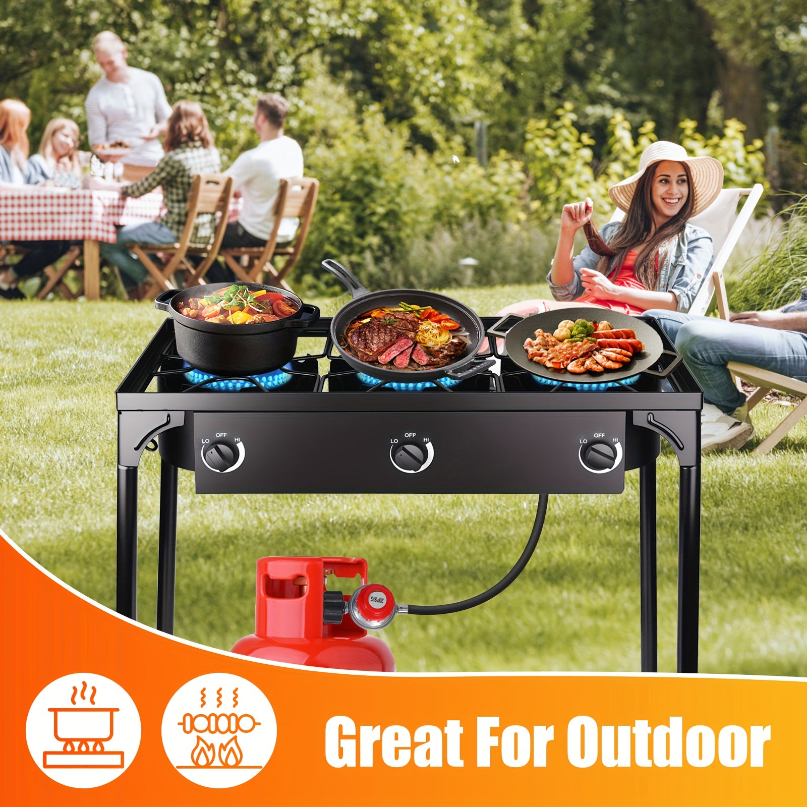 Outdoor Stove, 3-Burner, High-Pressure Propane Gas Camping Stove with Detachable Legs, Ideal for Camping & Patio, 225,000 BTU