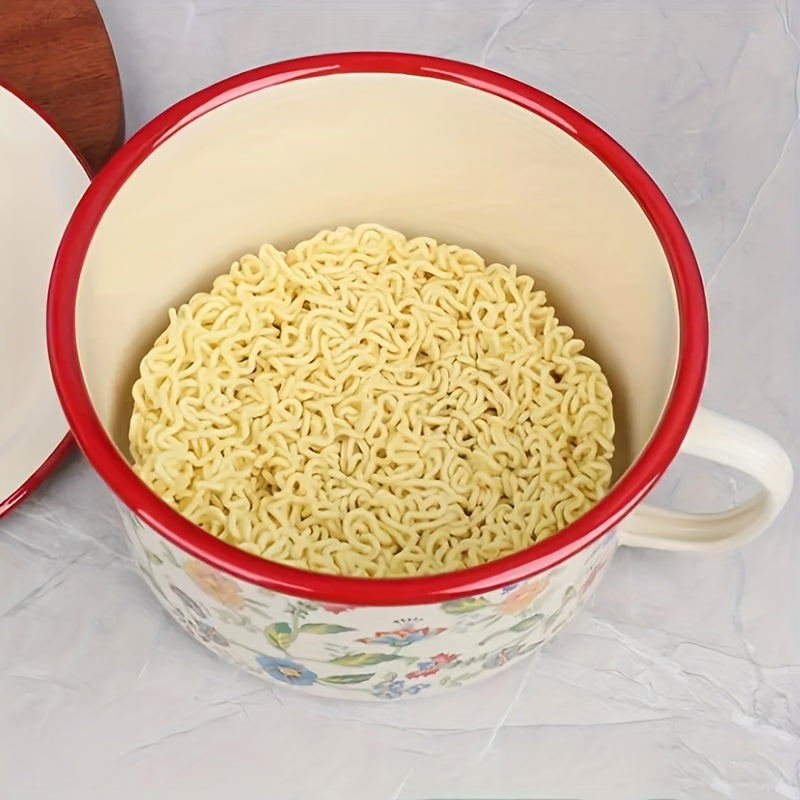1 Piece, Thickened Enamel Bowl with Lid, Vintage Floral Pattern – Perfect for Soup, Rice, Noodles, Pot Pie, Salad, etc. – Durable & Stylish Tableware
