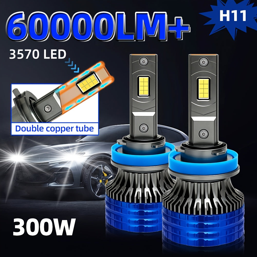 2个H4 H7汽车LED大灯，300W高功率60000流明，兼容Canbus及多种车型，包括H1、H11、H8、H9、HB3、9005、HB4、9006，12V 24V，配备6000K涡轮灯，适用于车辆，不含电池
