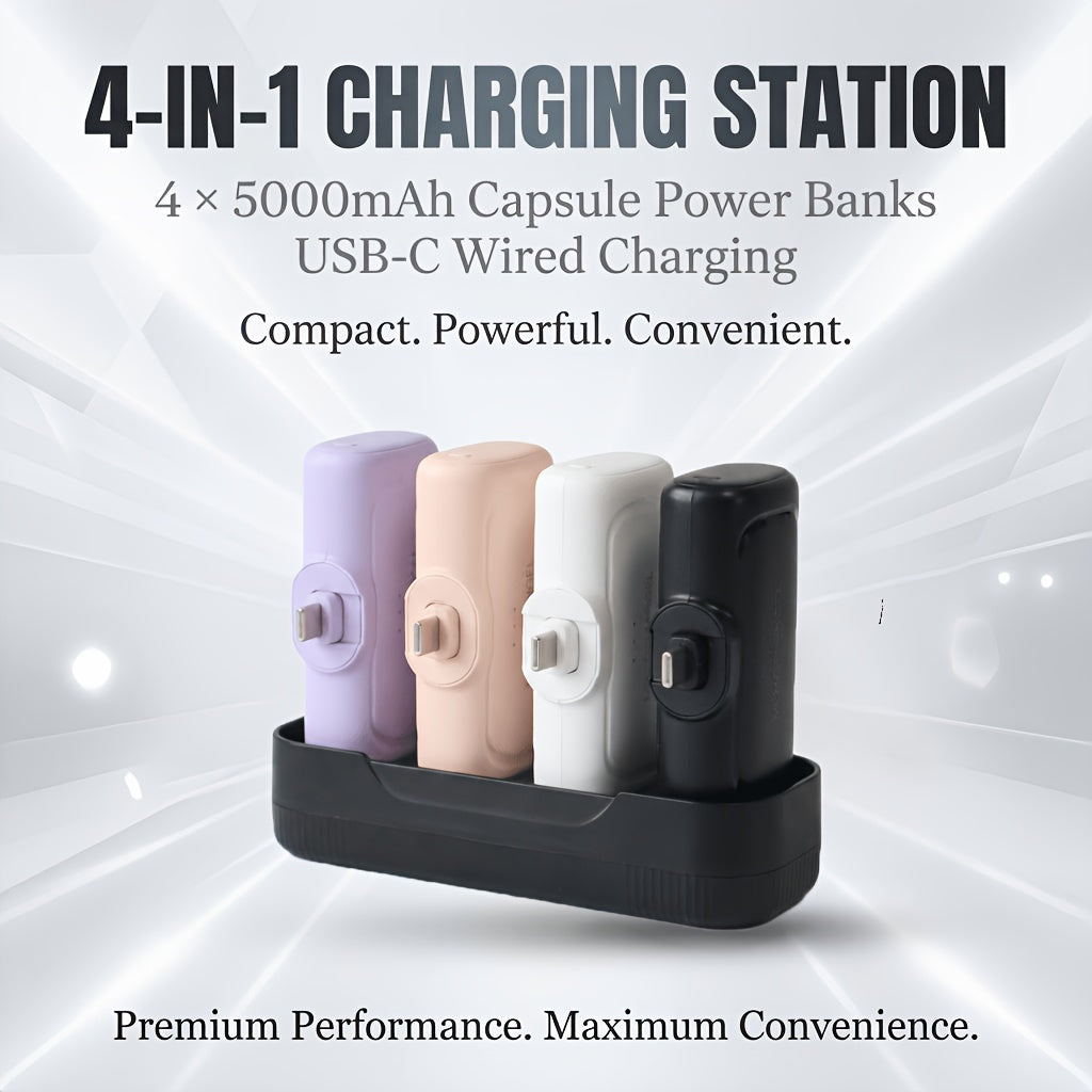 22.5W Fast Charging 20000Mah Mini Portable Charger Set with Four Components | 5000Mah*4 USB-C Power Banks And Charging Station, Compact Design, Perfect for Everyday Use Or Travel, Rechargeable Lithium-Polymer Battery