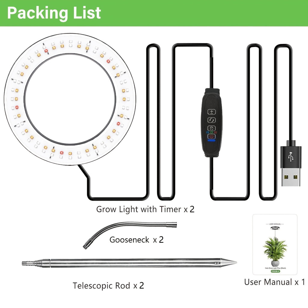 6.3 Inch Diameter USB Indoor Plant Grow Light Ring, 72 LED Beads, 6000K Full Spectrum, Height Adjustable up to 62.99 Inch, Auto On/Off Timer, 3/9/12H Timing & 9-Level Dimmable Brightness