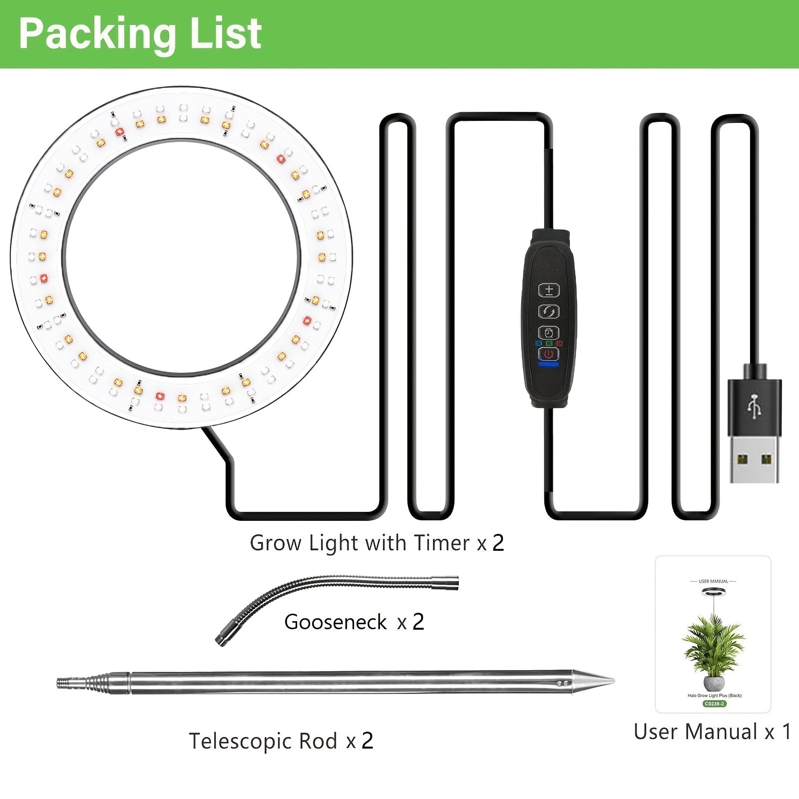 6.3 Inch Diameter USB Indoor Plant Grow Light Ring, 72 LED Beads, 6000K Full Spectrum, Height Adjustable up to 62.99 Inch, Auto On/Off Timer, 3/9/12H Timing & 9-Level Dimmable Brightness