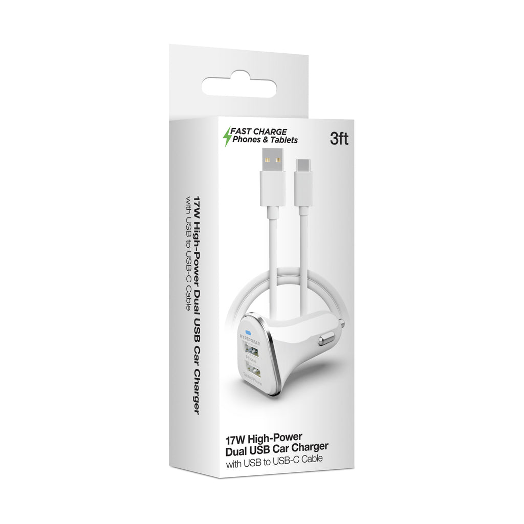 HyperGear Basics | 17W High-Power Dual USB Car Charger | 3ft USB-C Cable | White