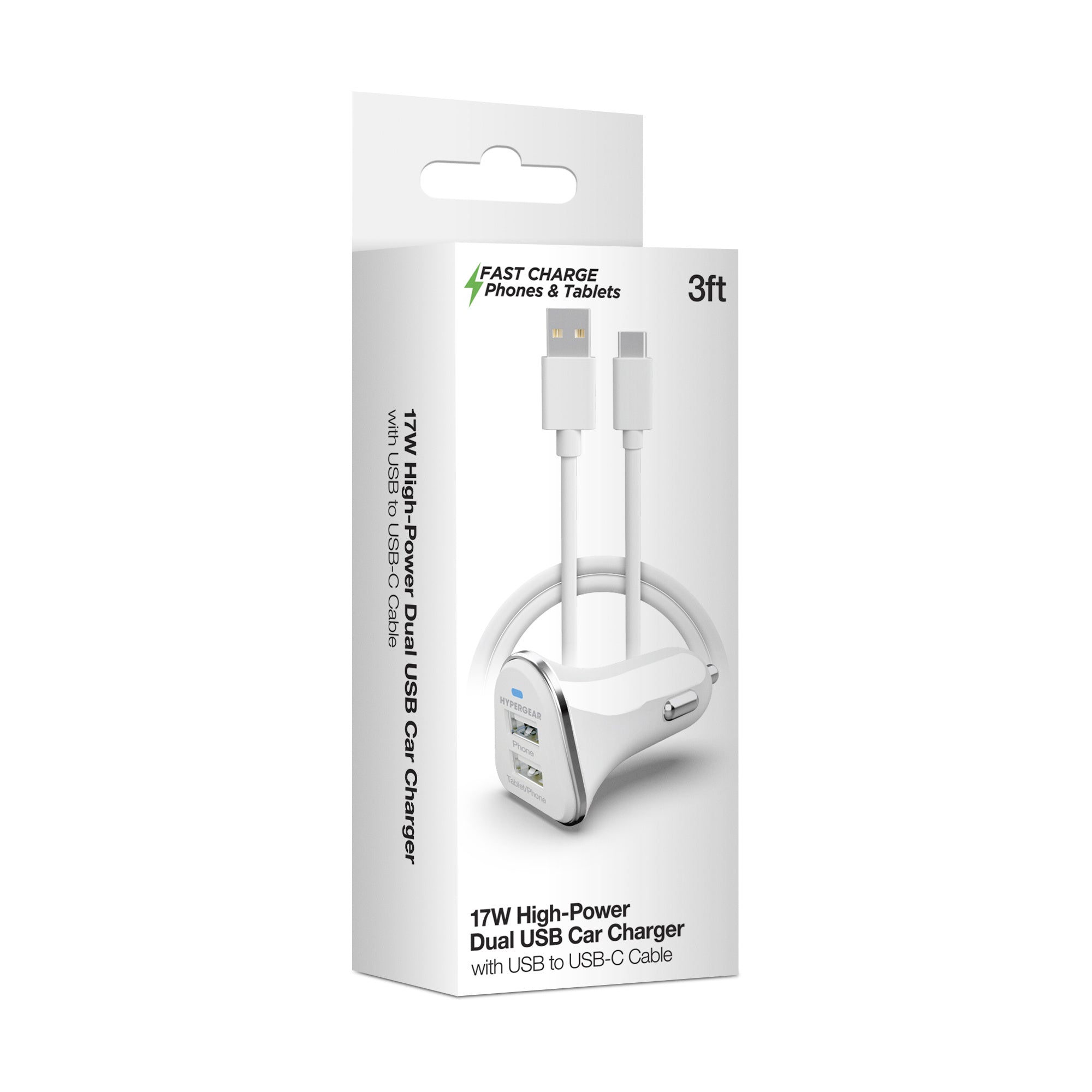 HyperGear Basics | 17W High-Power Dual USB Car Charger | 3ft USB-C Cable | White