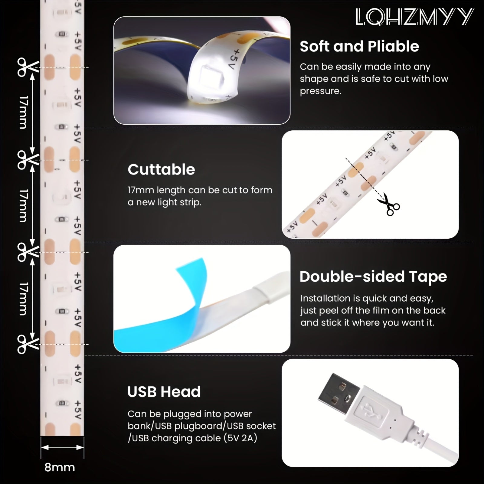 LQHZMYY USB供电501开关 LED灯带 - 家用、派对、圣诞节、生日装饰即插即亮照明 - 无需外接适配器的节能型LED灯带，适用于桌面、露营、婚礼、室内/户外装饰 - 节日氛围灯光，可调节柔性照明，多功能装饰灯