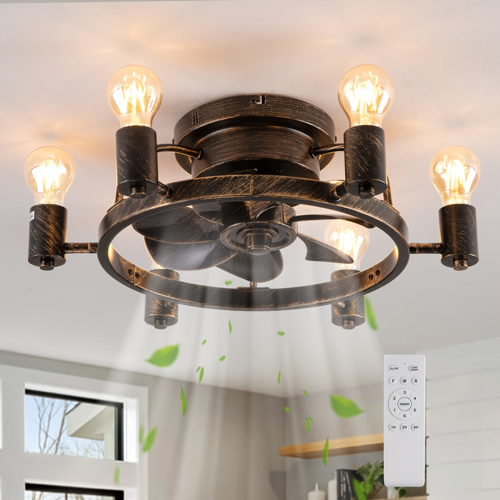 20 Inch Low Profile Flush Mount Ceiling Fan with Light - Remote Control, 6-Speed Quiet Motor, Timer Function, Reversible Fan & Light Control, Industrial Farmhouse Style for Bedroom, Bronze Finish with Grid Design