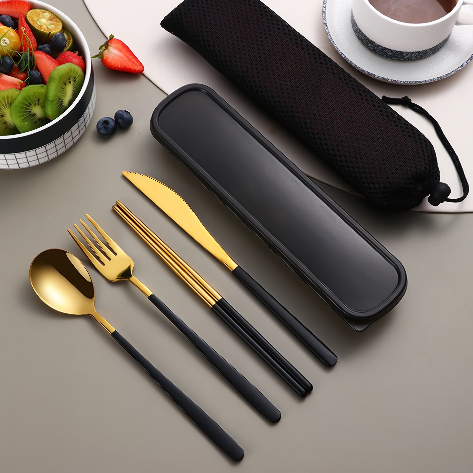 4pcs Stainless Steel Cutlery Set – Bright Polished Thickened Round Handle Dinner Knife, Chopsticks, Spoon, Fork Set – Portable Cutlery Box for Students, Outdoor Dining, Picnics
