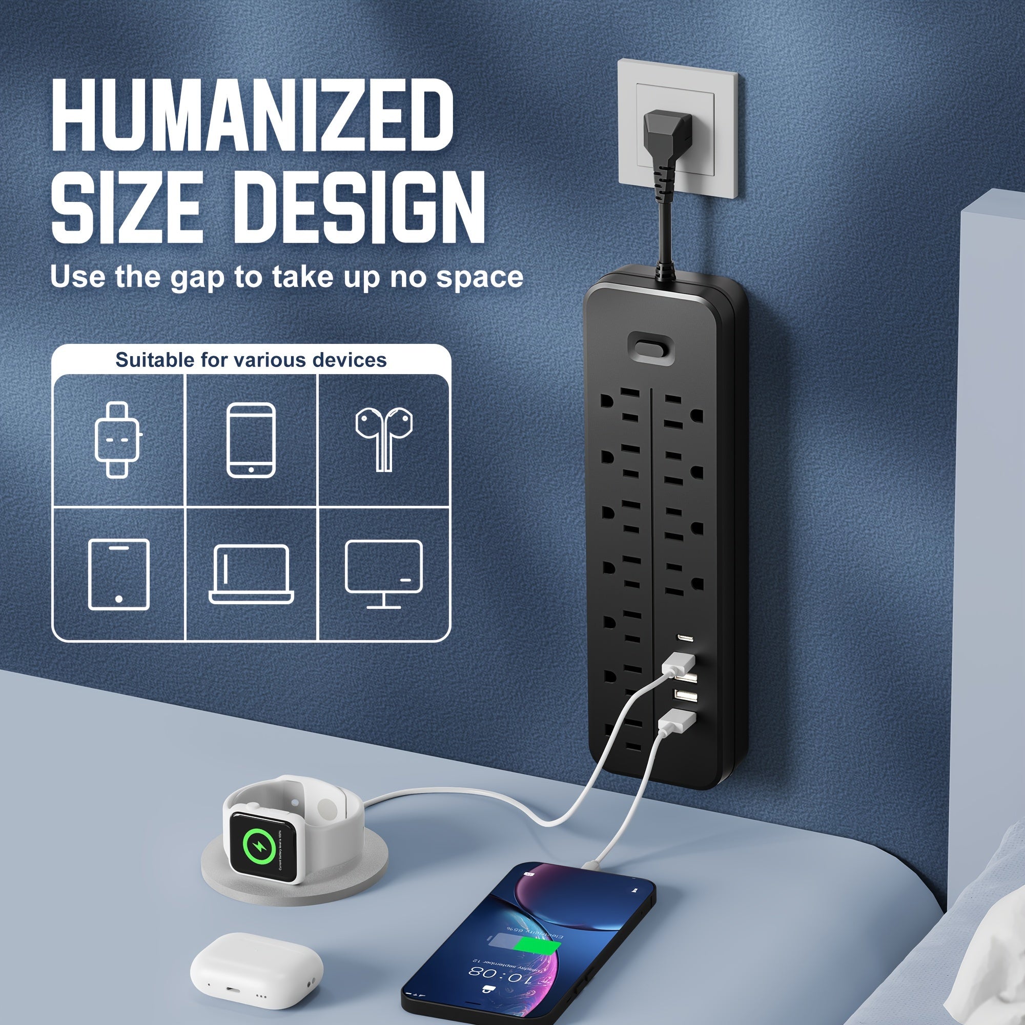 One 16-in-1 Power Adapter with 11 AC Outlets, 3 USB Ports, and 2 Type-C Ports. Compact Design, Wall Outlet Converter with Surge Protector, Portable and Convenient for Home, Kitchen, Dorm, and Office Use