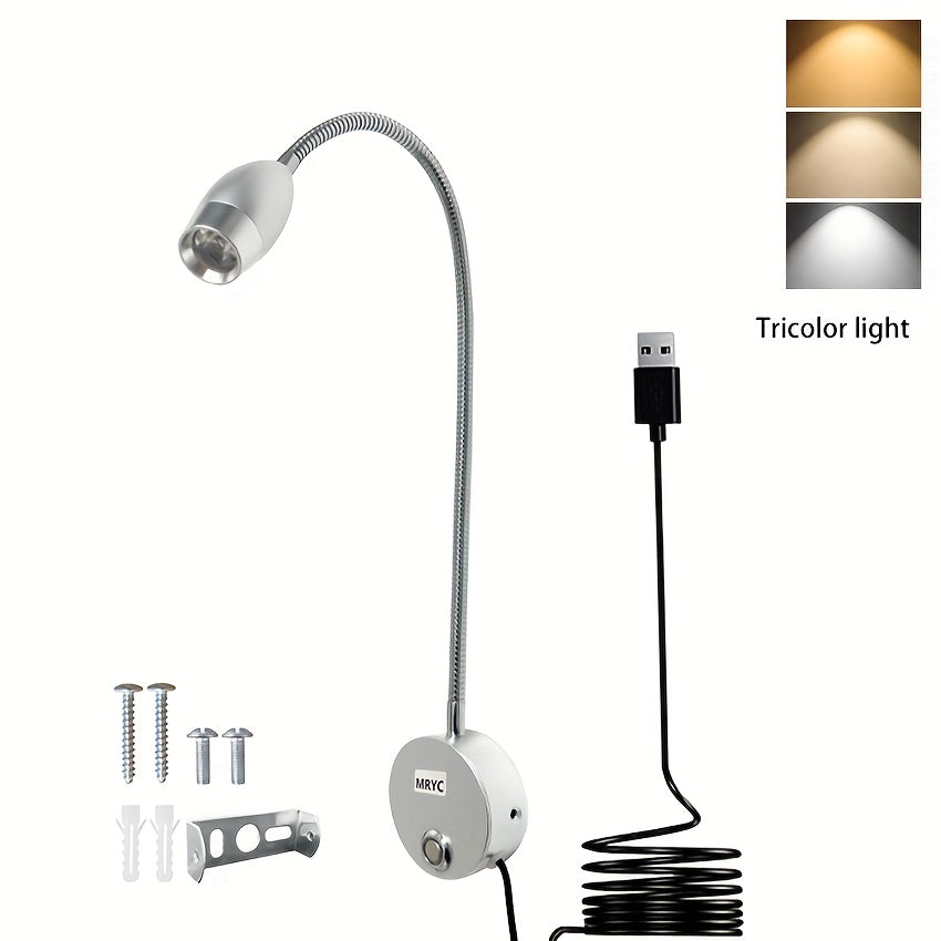 Reading light spotlight, wall-mounted lamp with flexible gooseneck, touch dimmable switch, three color modes, bedside night light suitable for bed, headboard, desk