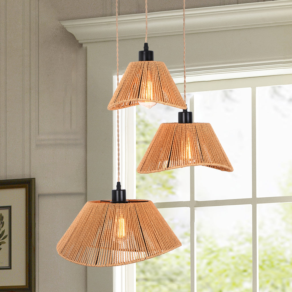 Ganeed rattan pendant light, 3-light boho style hanging lamp, ceiling mount, bohemian woven rattan chandelier, adjustable rattan pendant light, suitable for kitchen island, hallway
