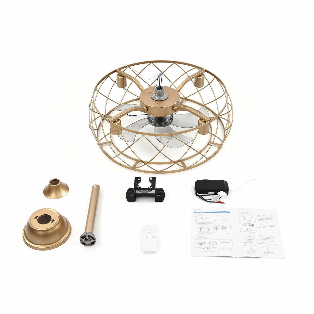 Rustic Industrial Metal Cage Ceiling Fan Light, Multifunctional Pendant Lamp for Home Kitchen Dining Room