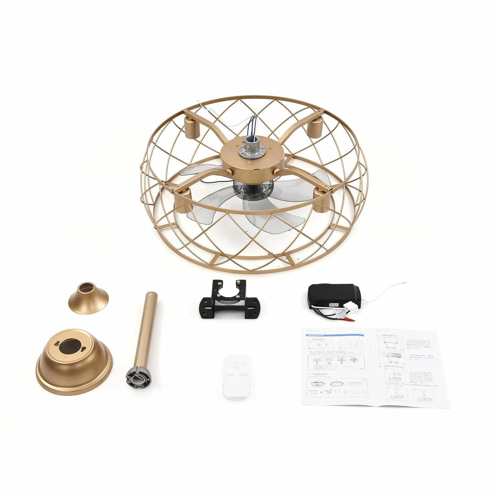 Rustic Industrial Metal Cage Ceiling Fan Light, Multifunctional Pendant Lamp for Home Kitchen Dining Room