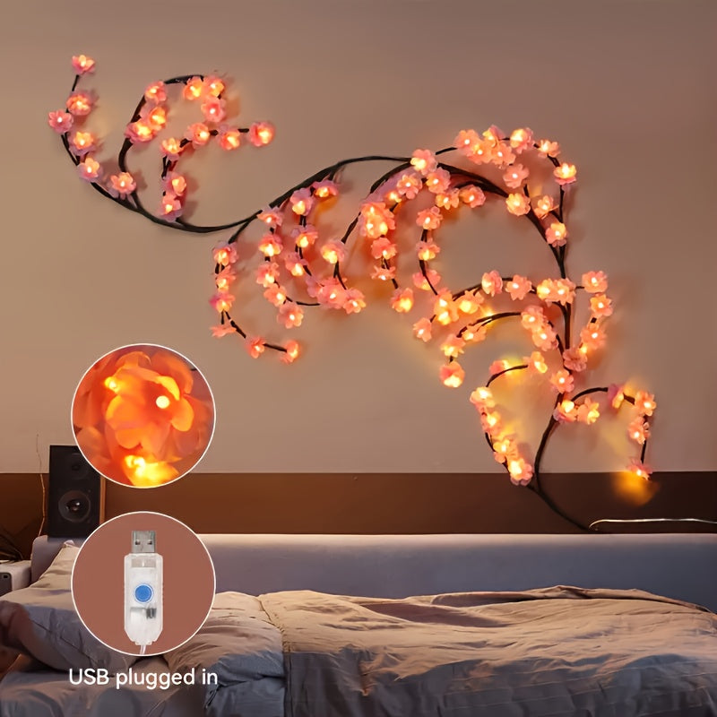 1件 72LEDS/96LEDS/144LEDS樱花藤条灯，发光的樱花树枝灯，可弯曲的樱花藤蔓灯，LED树枝灯，8种闪烁模式，USB供电，DIY，室内氛围装饰灯，适用于卧室，客厅，墙壁，派对，节日，婚礼等氛围装饰，室内灯串，节日装饰灯
