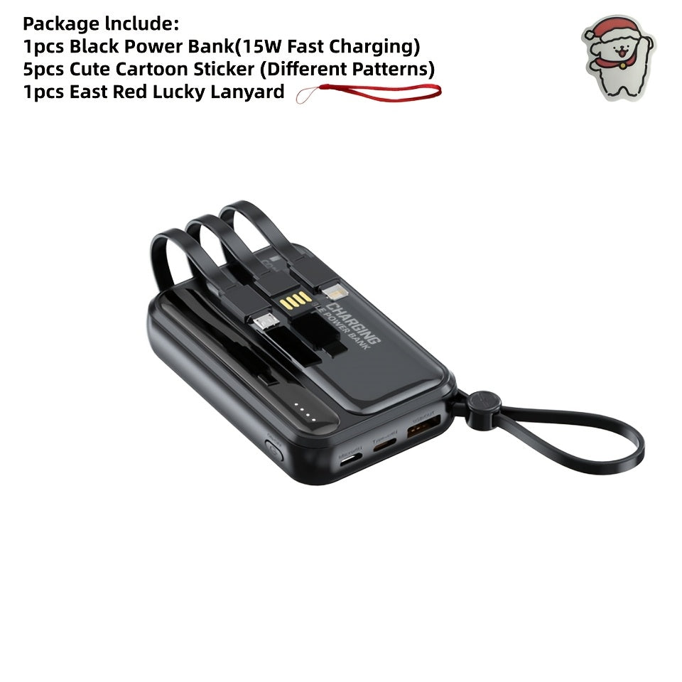 這是一款可愛設計的超薄 10000mAh 電池，提供 5-15-22.5W 超快充。它具有大容量、可充電功能，並配備四條內建充電線。