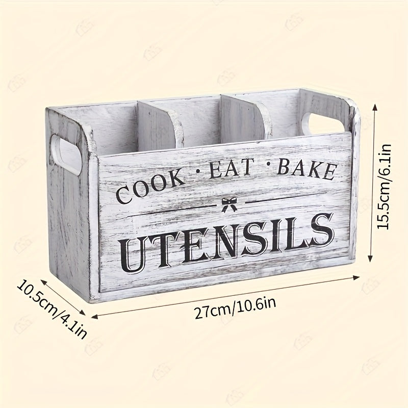 3 Compartment Rustic Wooden Kitchen Utensil Rack, Countertop & Wall Mount Kitchen Storage Organizer, Kitchen Accessories Holder for Fork Spoon Cooking Tools, Multifunctional Kitchen Organizer