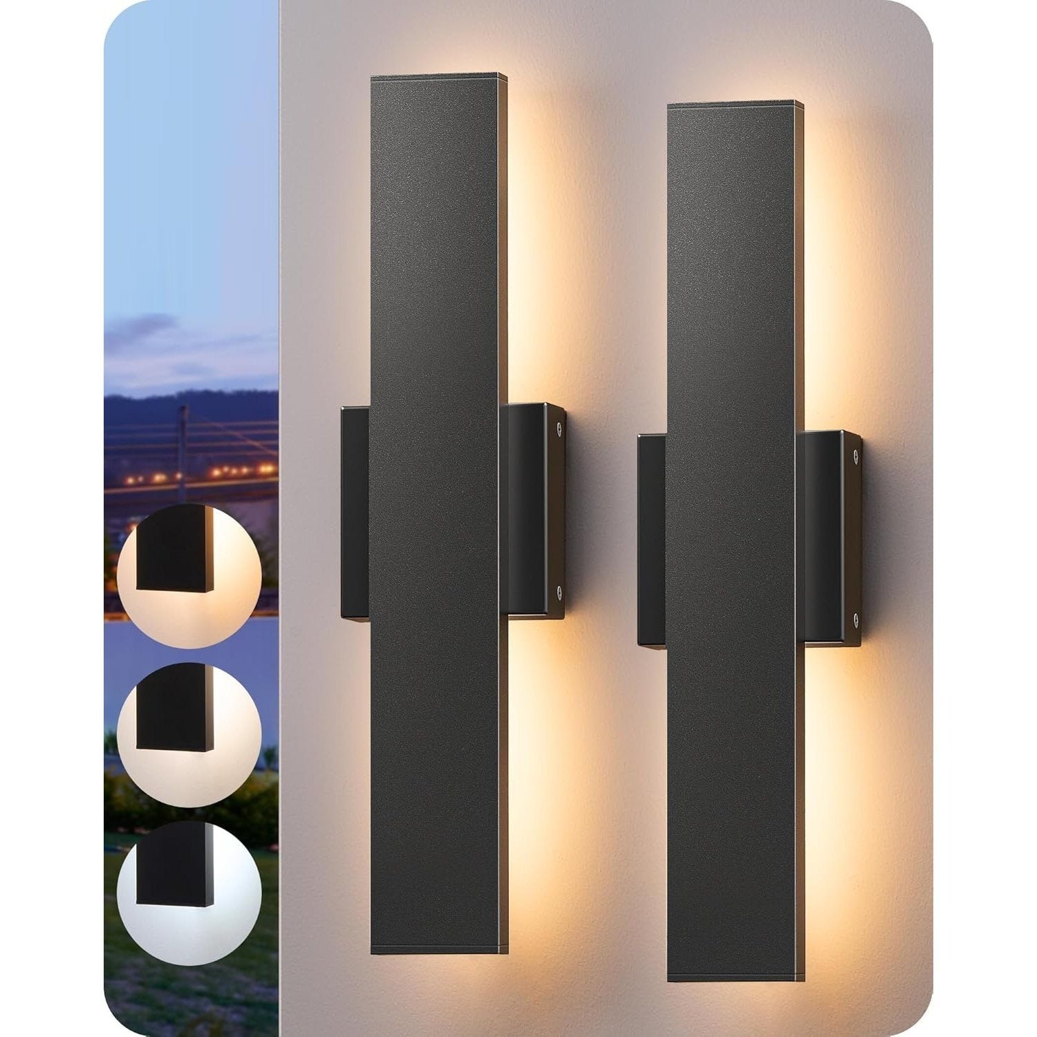 EDISHINE Outdoor LED Wall Light 2-Pack, Dimmable, 3 Color Temperatures Selectable (3000K/4000K/5000K), 15.7-Inch Modern Black Linear Fixture, Suitable for Porch, Garage, Entryway