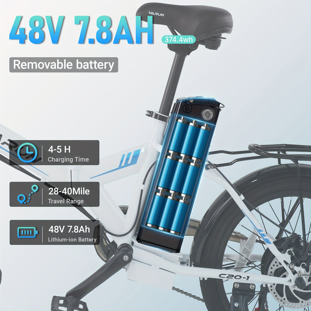 20寸可折叠电动自行车，成人500W强力电机电动自行车，48V 374.4Wh可拆卸锂电池，续航最长可达50-55km，LCD显示屏带7速齿轮电动自行车，城市通勤电动自行车，男女通用