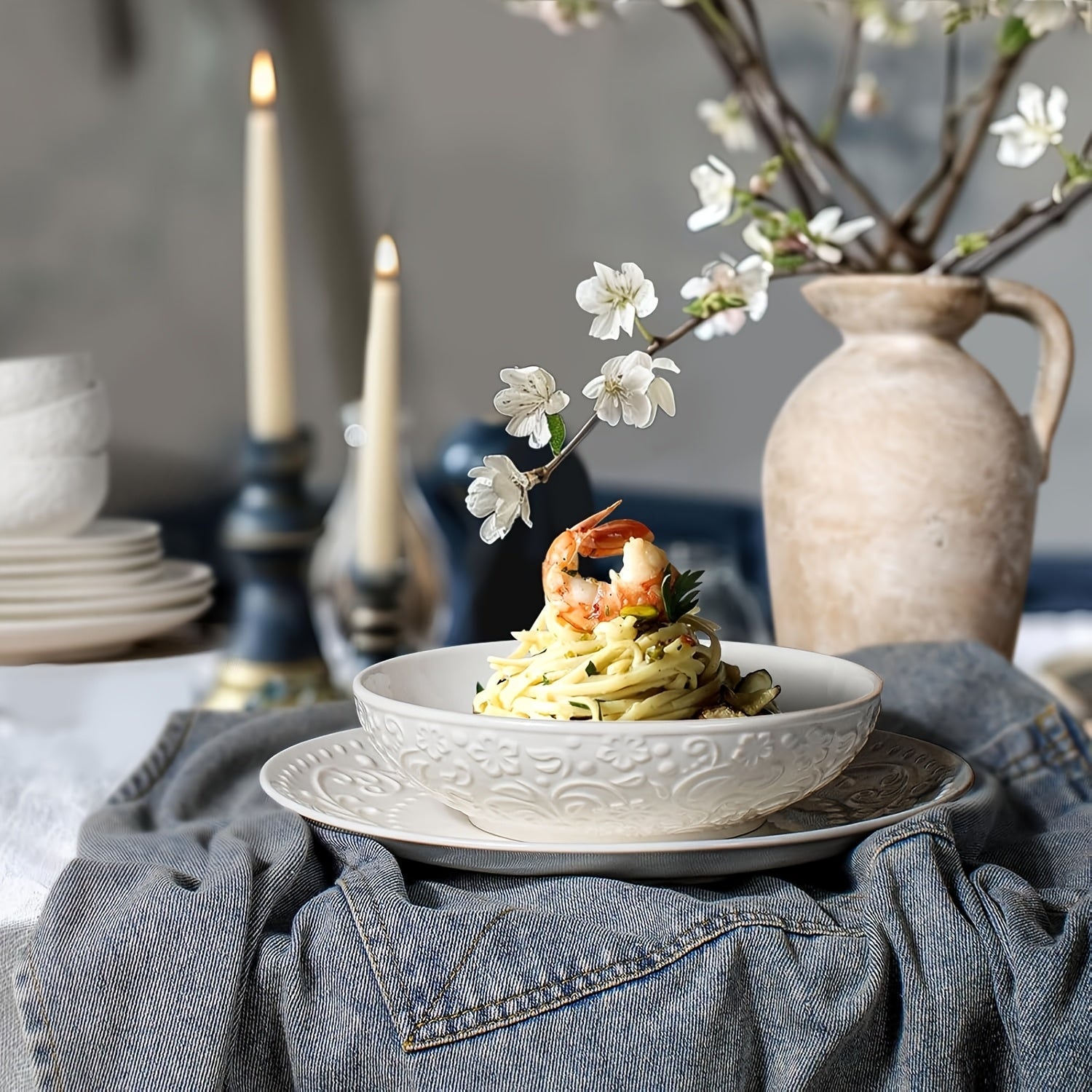 4-Pack Alterna Embossed Ceramic Bowl Set, Christmas Special: 30oz Pasta & Salad Bowl – Perfect for Halloween & Thanksgiving Gifts – Microwave & Dishwasher Safe