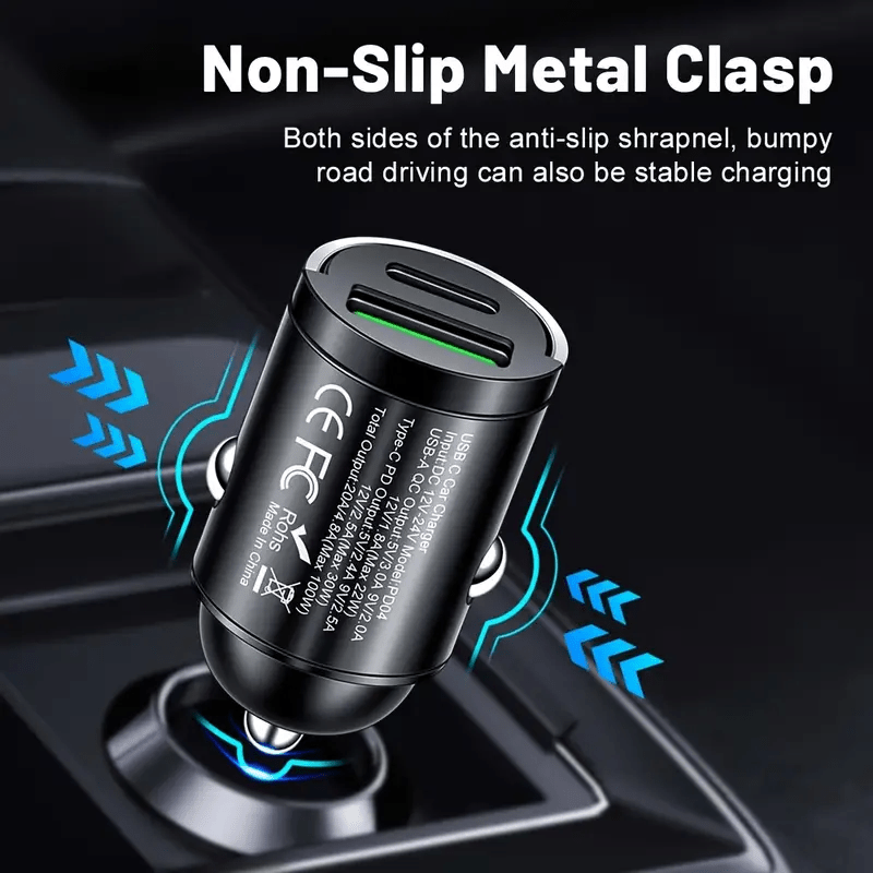 100W Fast Car Charger, Type-C Quick Charge, Ultra-Mini Pull-Ring Design, PD3.0 Dual-Port Adapter, Compatible with iPhone 14/13 Pro Max, iPad, Samsung, MacBook – No Battery Required