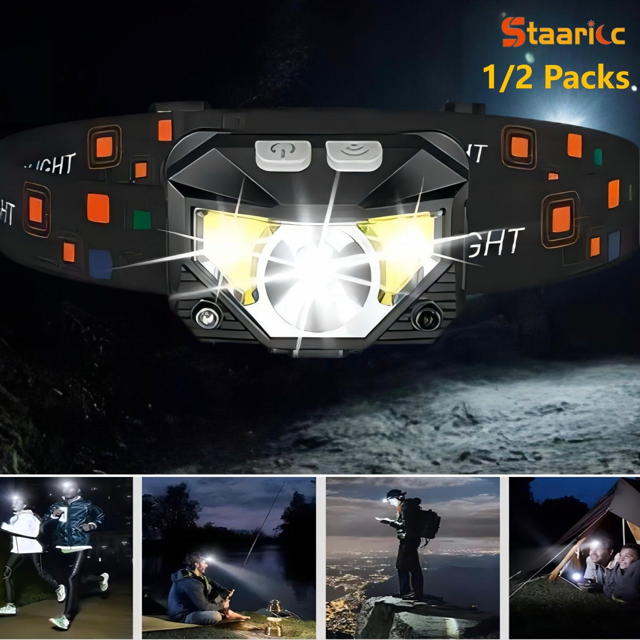 Staaricc 2/1 Pack Rechargeable Super Bright LED Headlamp, Motion Sensor Activated, 8 Lighting Modes, Red & White Light, Perfect for Outdoor Camping, Running, Fishing and Emergency