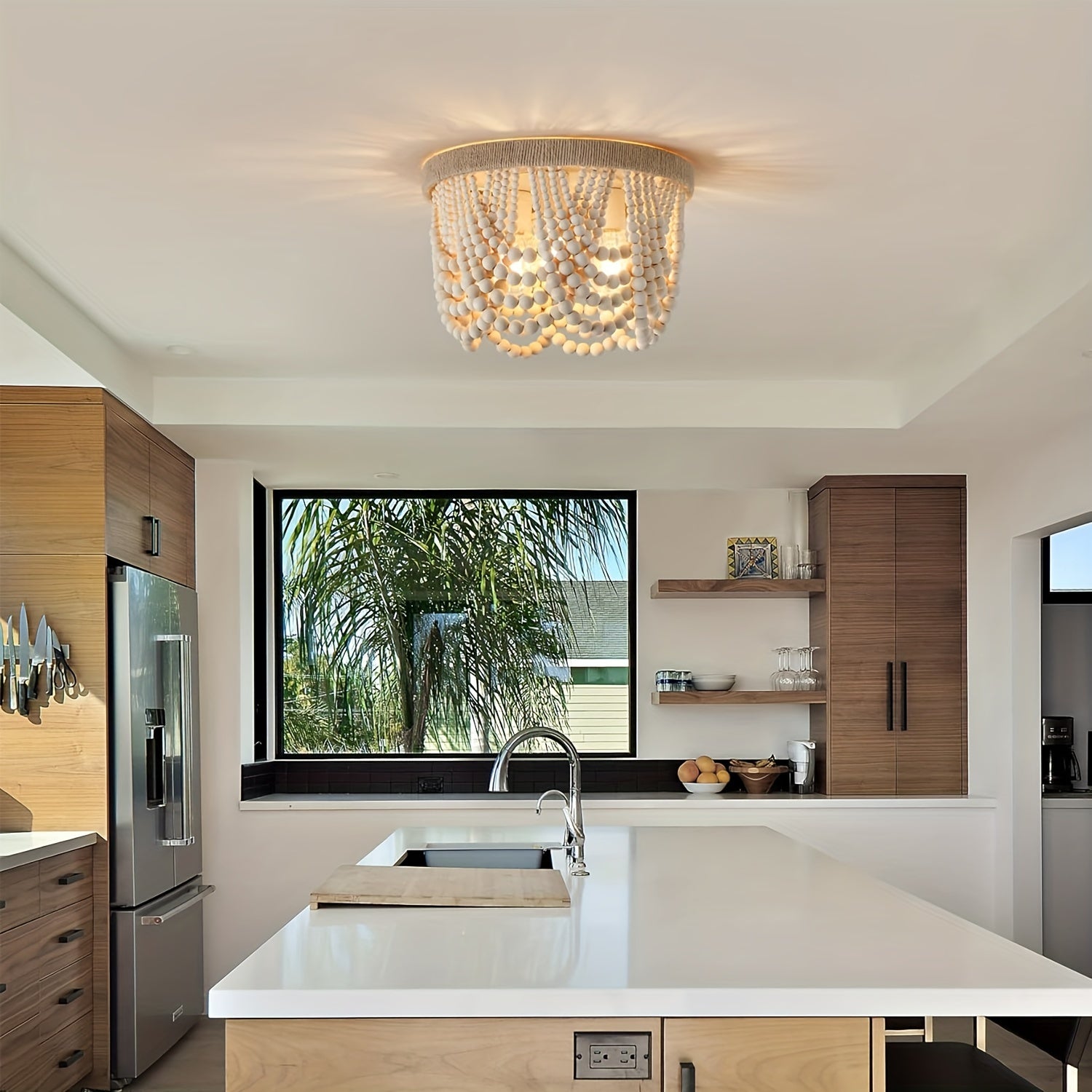 Bohemian Farmhouse Lighting, Wood Bead Pendant Light, Finished 3-Light Semi-Flush Mount Ceiling Light, Bedroom Rustic Mini Pendant Light, Hallway Bedroom Kitchen Living Room, E26 E27 Base (Bulb Not Included)