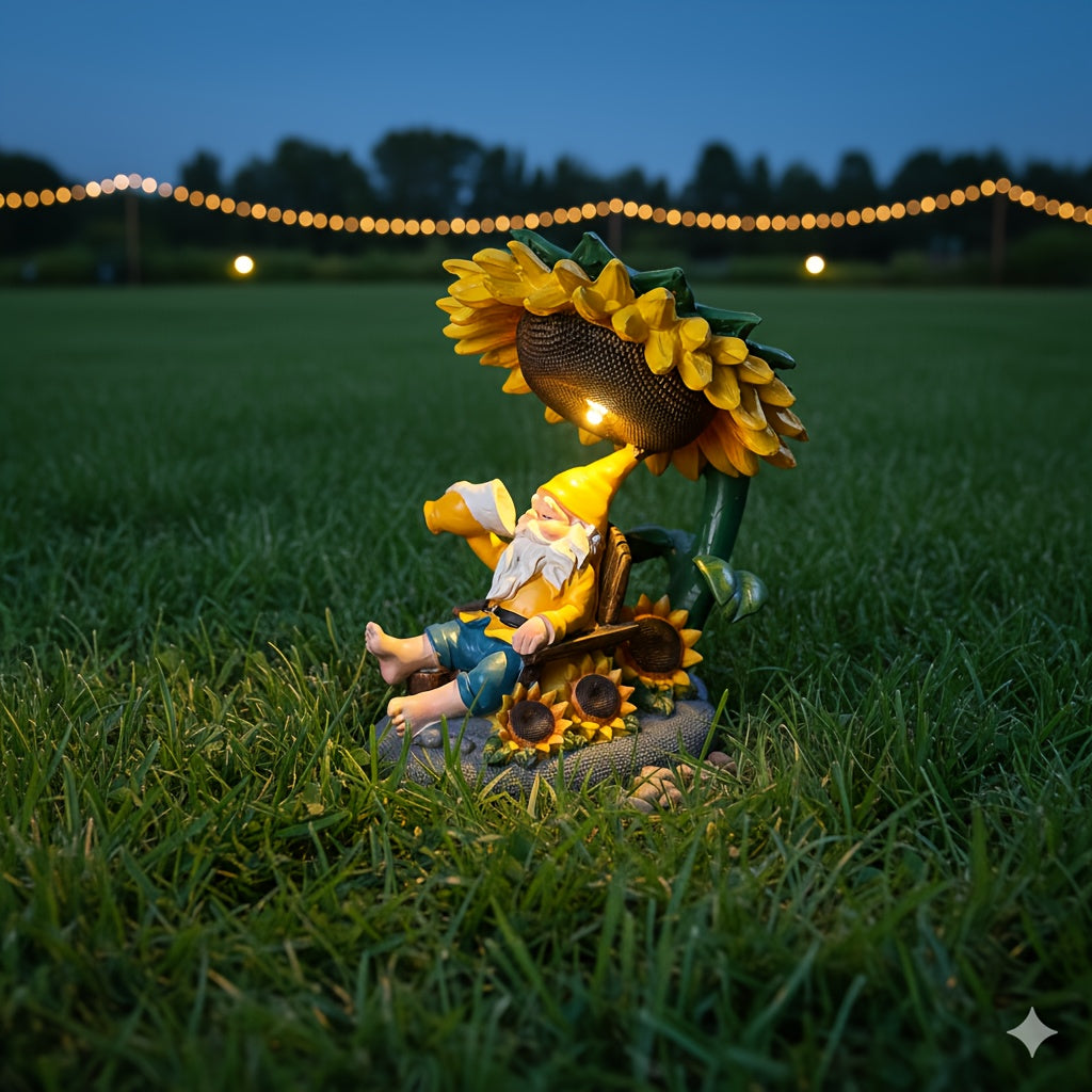One Creative Solar Gnome Statue Light Under a Sunflower, Outdoor Whimsical Cozy Coffee-Drinking Old Gnome Christmas Ornament, Suitable for Garden Courtyard Miniature Landscape, Tabletop, Lawn, Flower Pot