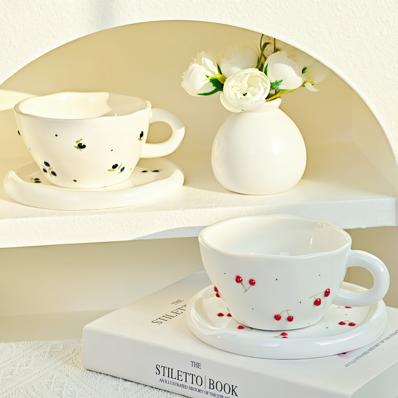 1 Set Creative Simple Hand-Pinched Hand-Painted 3D Relief Cherry Blueberry Lemon Ceramic Coffee Cup & Saucer for Home Use