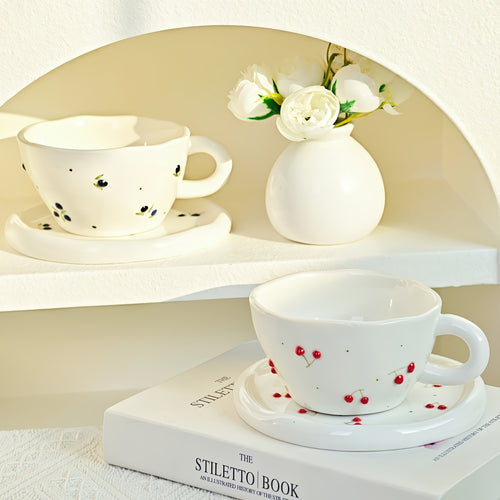1 Set Creative Simple Hand-Pinched Hand-Painted 3D Relief Cherry Blueberry Lemon Ceramic Coffee Cup & Saucer for Home Use