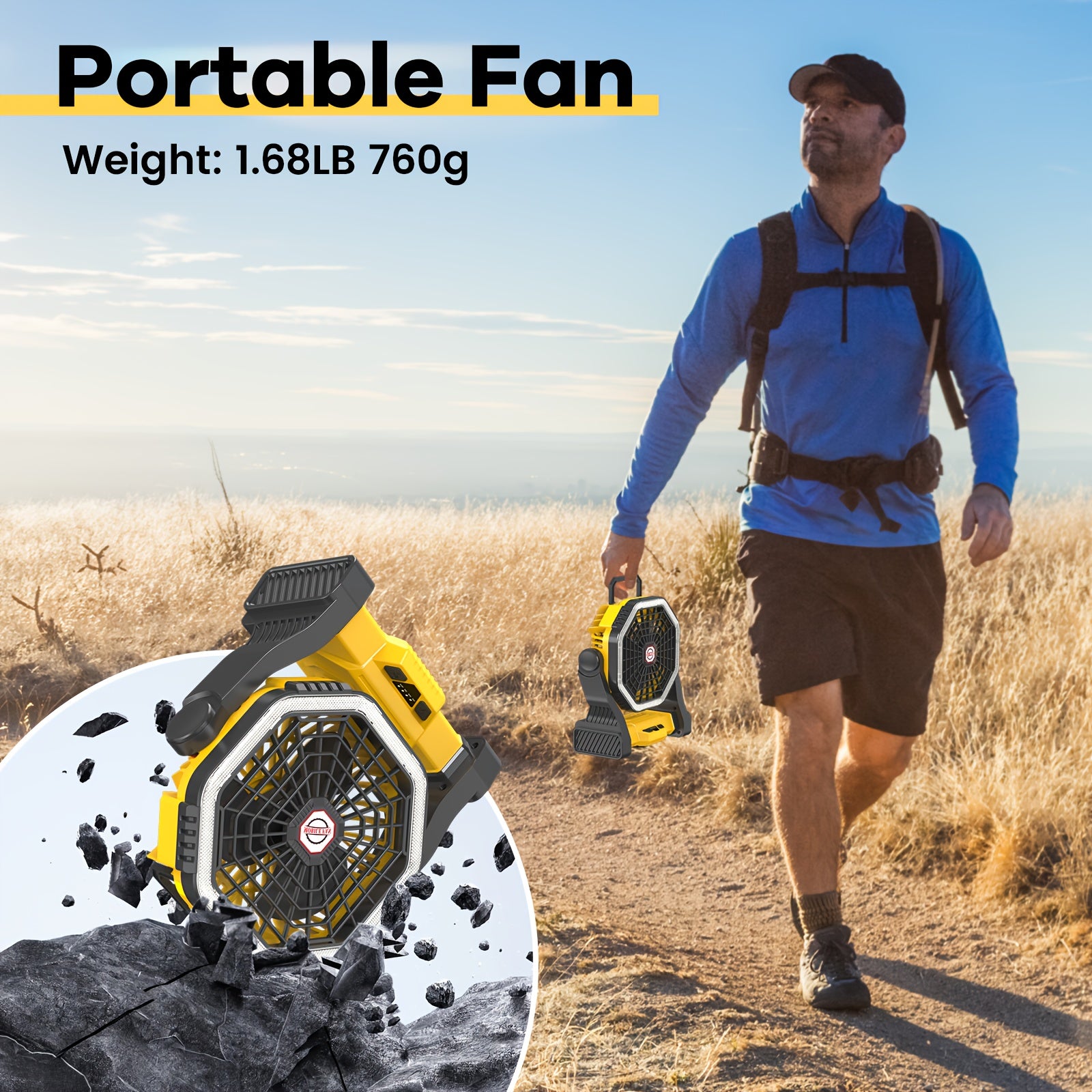 Portable Camping Fan with LED Light, USB Rechargeable, 4 Speed Adjustable, with Hook, for Picnic, BBQ, Fishing, Travel, Home, Tent
