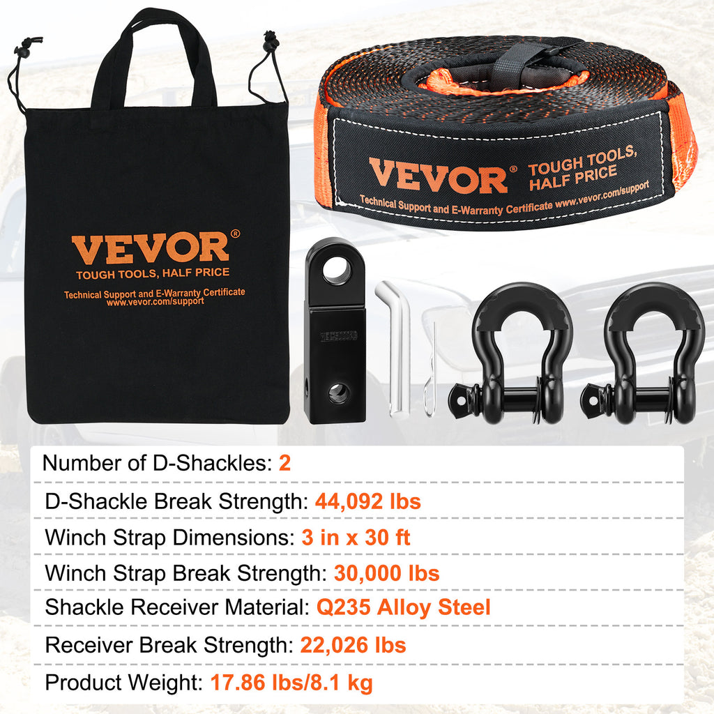 VEVOR Off-Road Recovery Kit, 3in x 30ft, Heavy Duty Winch Recovery Kit with 30,000lb Tow Rope, 44,092lb D-Ring Shackle, Receiver and Storage Bag, for ATV, Jeep, Off-Road Vehicle, Truck