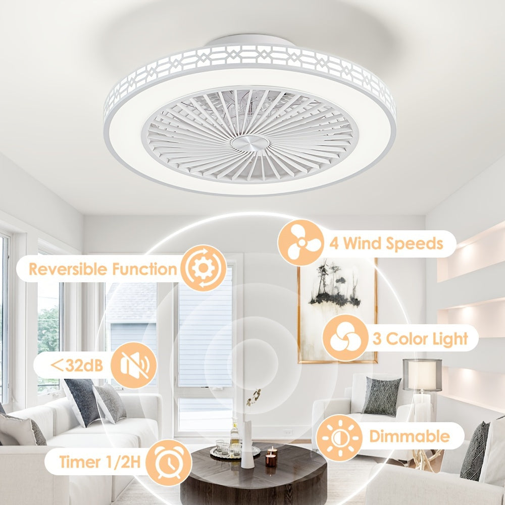 20 Inch Bladeless Ceiling Fan, Flush Mount Ceiling Fan, Low Profile Ceiling Fan, Reversible Dimmable Ceiling Fan, Silent Ceiling Fan, LED Stepless Dimming, 3 Color Temperature Adjustable and 4 Speed Levels