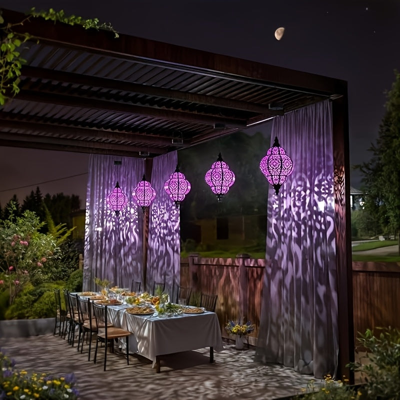 Two-Piece Solar Lantern, Colorful Large Round Moroccan Style Outdoor Hanging Light, Hollow Design, Waterproof, Suitable for Garden, Courtyard, Path, Halloween and Christmas Decoration