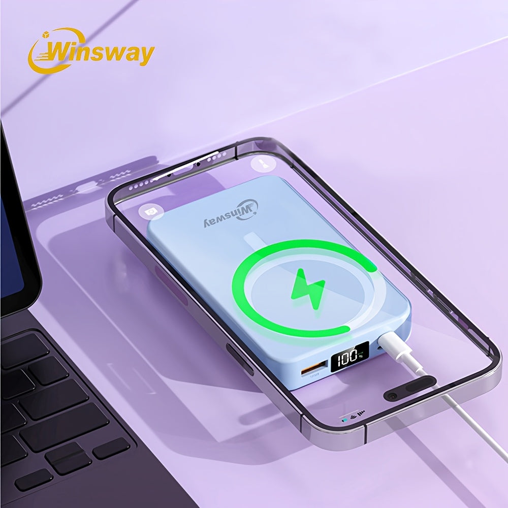 Winsway 10000mAh 磁吸無線行動電源，22.5W 快速充電行動電源，包含 Type-C 資料線、USB 連接埠、LED 螢幕和可折疊支架，適合送給 Iphone 和 Android 裝置的聖誕禮物