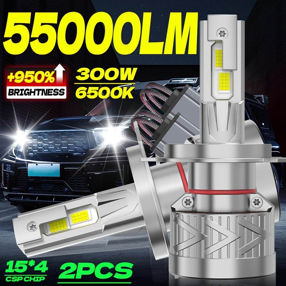 2-Pack LED Car Headlight Bulbs, Compatible with 9005/HB3, 9006/HB4, H1, H7 and H11 Models, 55,000 Lumens No CANBUS Error, 950% Brightness Increase, 6500K Cool White Light, Plug-and-Play, 60,000 Hours Ultra-Long Life