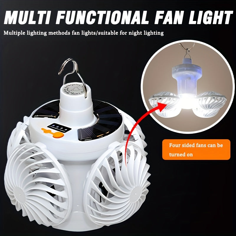 1Pc Solar & USB Rechargeable Tent Light, Portable LED Fan Light, 3 Modes Outdoor Camping Lantern, Emergency Work Light with Hook, Power Indicator, Foldable Emergency Flashlight, Ideal for Fishing, Hiking, BBQ and Outdoor Lighting