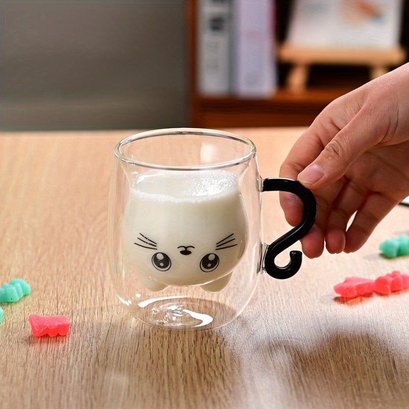 One Cute Cat-Themed Glass Mug, Hollow Double-Wall Insulated Cup for Coffee & Milk, Suitable for Espresso and Beverages, Ideal for All Seasons, Perfect Gift Item