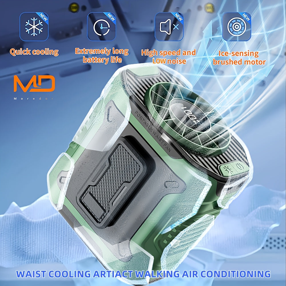 MOREDOR 5000mAh Portable Waist Clip Fan, Wearable Belt Personal Fan Rechargeable Battery, 5-10 Speed Levels with Flashlight, Hands-Free Neck Hanging Design, Ideal for Outdoor Travel Power Bank Use