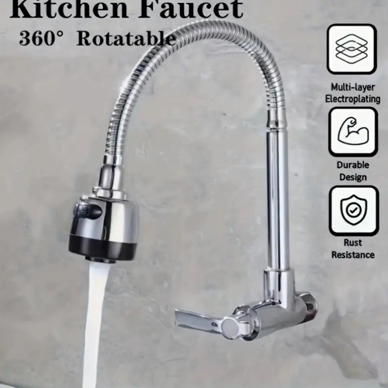 Wall Mount Pull-Out Faucet - 360° Swivel Universal Faucet for Kitchen, Bathroom & Balcony, Multi-Function Booster Anti-Splash Plated Faucet