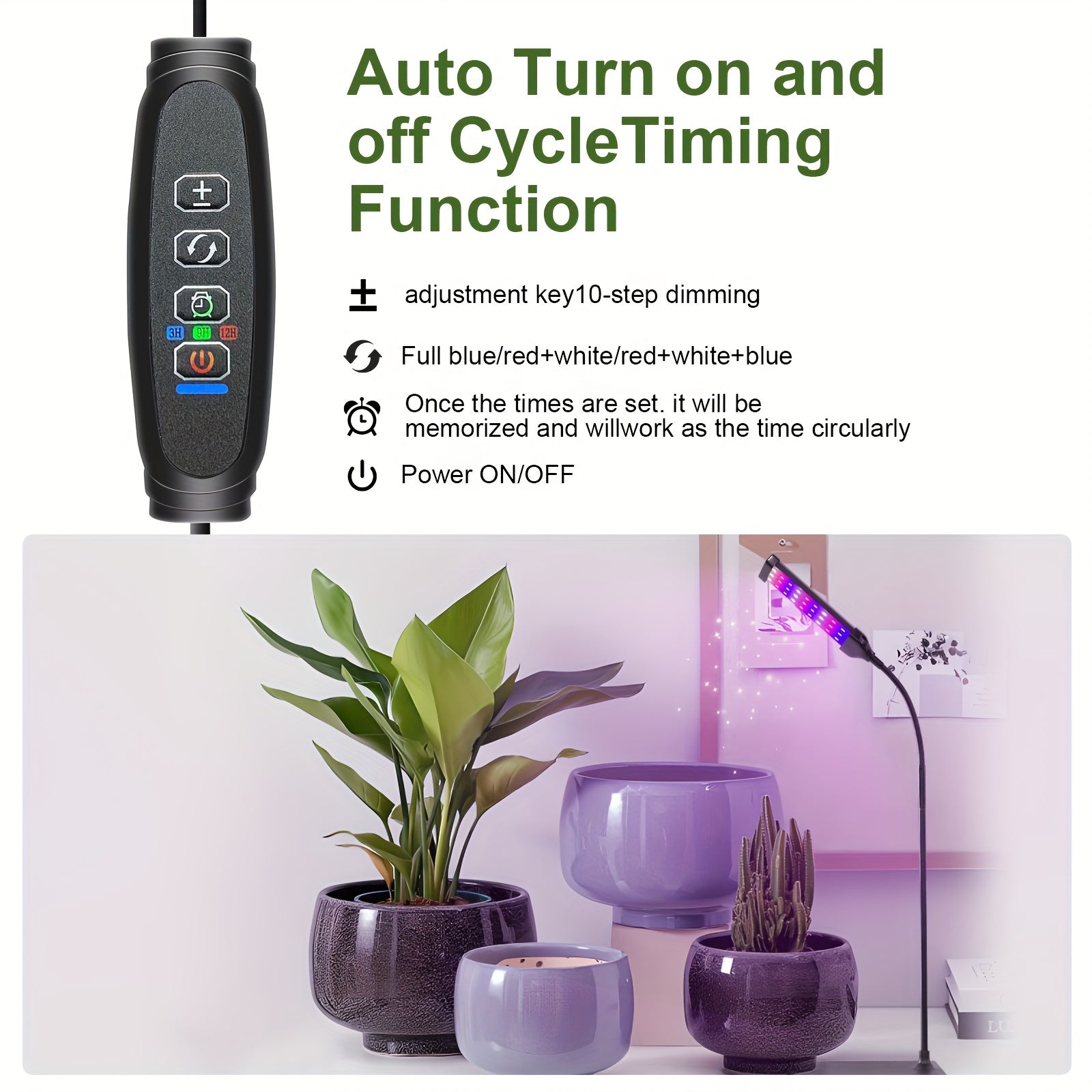 Square tube base LED grow light, multi-functional indoor plant lighting, with USB timer dimming, plant growth promoting light, 3 mode switching, promotes healthy plant growth