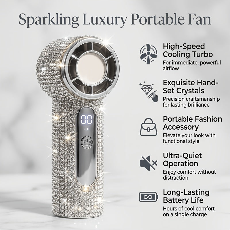 New Rhinestone Turbo High-Speed Handheld Fan, 100-Step Stepless Speed Regulation, Must-Have for Outdoor Travel & Activities, Portable Mini Fan with Strong Wind & Long Battery Life