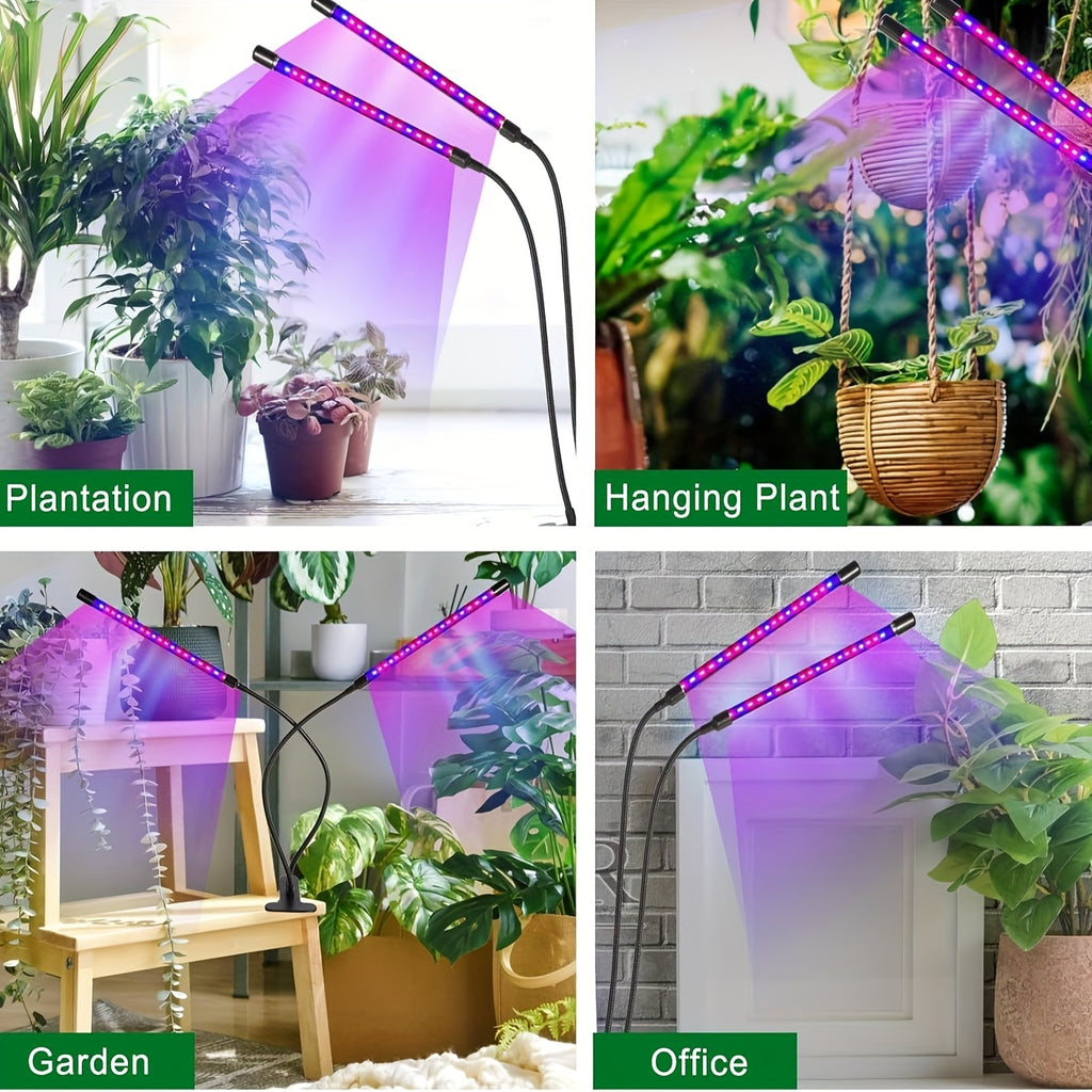 Dual-head round tube clip-on indoor plant grow light, three-color dimming (white/red/blue), with 3/9/12 hour timer function, allowing plants to enjoy sunlight indoors at night as well. Ideal birthday gift for gardening enthusiasts