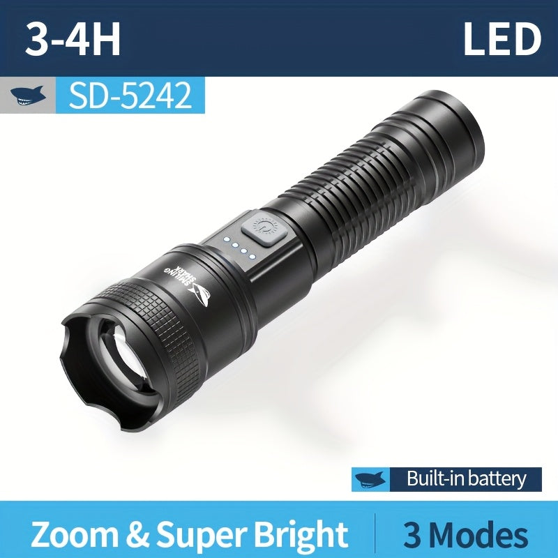 1PC SMILING SHARK Rechargeable Flashlight Super Bright Tactical Flashlight Zoomable LED Spotlight 3 Lighting Modes Portable Light for Hiking Camping Fishing Outdoor Emergency SD5242A