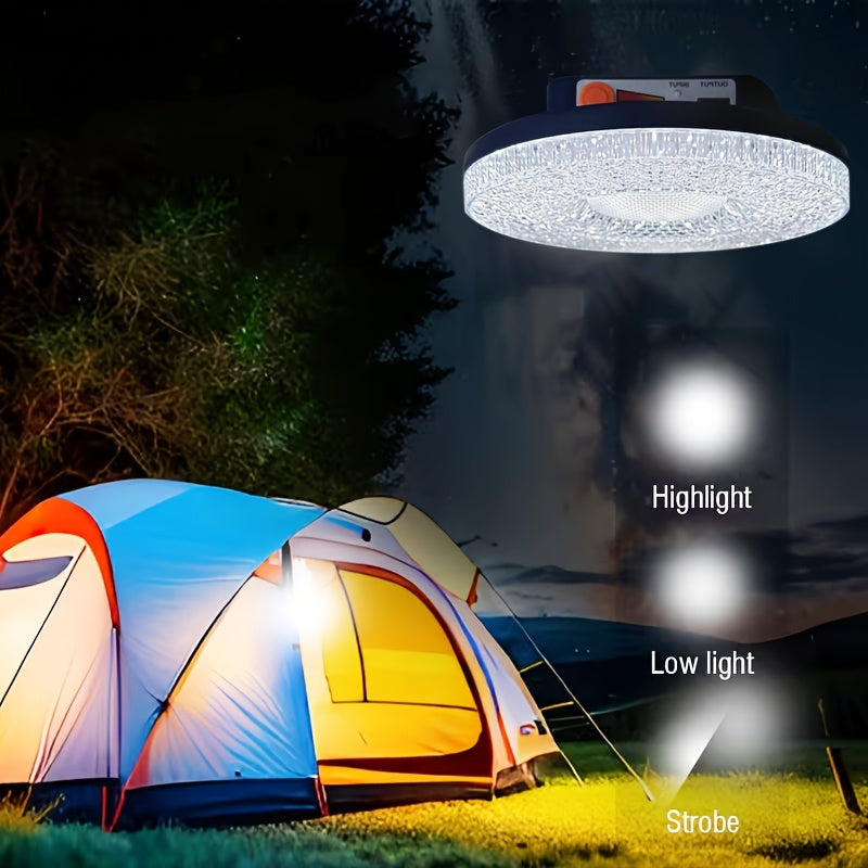 A rechargeable searchlight, camping portable floodlight, high-brightness crystal lampshade, removable power bank, three lighting modes, battery level indicator, with hook and magnetic suction
