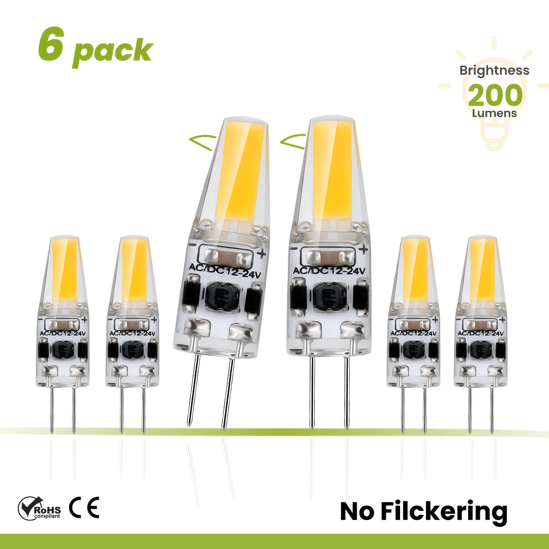 6/12-pack G4 LED bulb, 1.8W (20W halogen replacement), 3000K/4000K/6000K, warm white to daylight, 200LM flicker-free, AC/DC 12V, Cobx1Led T3 two-pin base, non-dimmable, suitable for light fixtures, under-cabinet lighting, RVs, boats