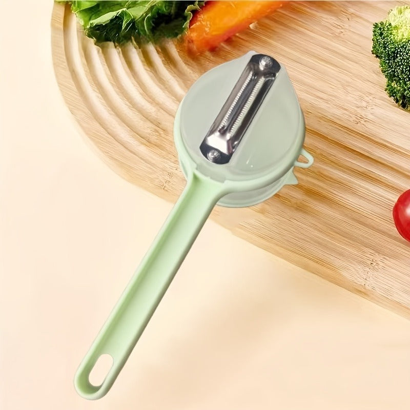 1个多功能储物削皮器带储物盒 - 食品级304不锈钢，锯齿刀片用于削皮果蔬和土豆，耐用塑料设计