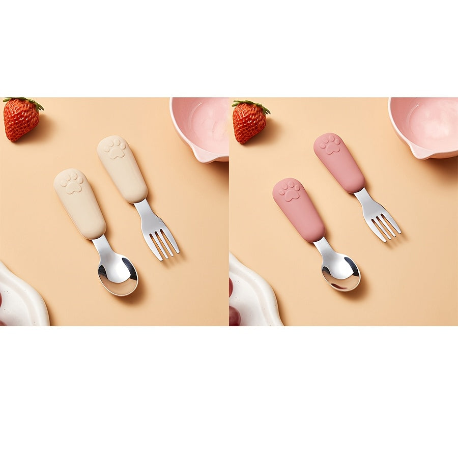 1/2 Set Bear Paw Shape Children's Short Handle Fork & Spoon Set – 304 Stainless Steel Non-Slip Grip | Baby & Toddler Self-Feeding Training Cutlery, Learning Meal Training Utensils