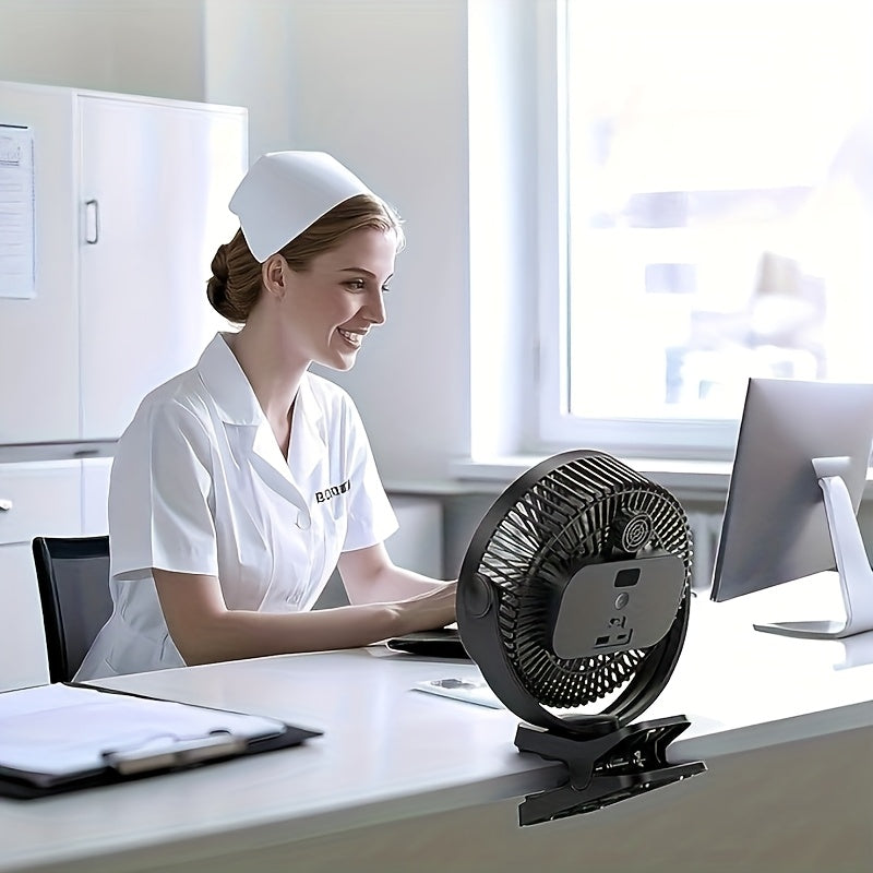 10000mAh Large Size Portable Desktop Fan, 5 Speed Levels, LED Digital Display for Power & Gear, 360° Adjustable Air Angle, USB Rechargeable Long Lasting Battery Fan for Office Camping Party Travel