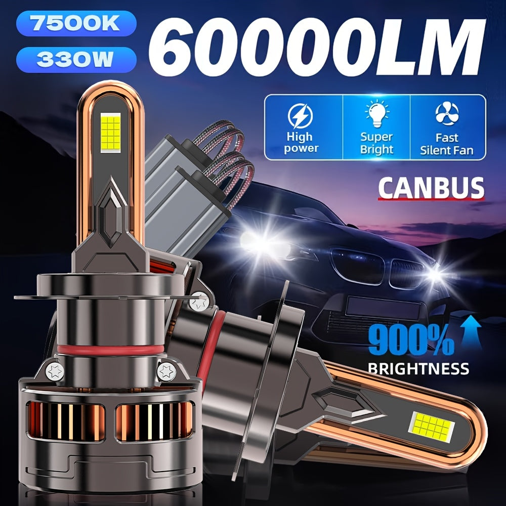 2-Pack H7 Car LED Headlight Bulbs, Compatible with H1/H4/9003/HB2/H7/H18/H11/H9/H8 Sockets, 60000 Lumens Brightness, 900% Brightness Increase, 9570 CSP Chip, 7500K Color Temperature