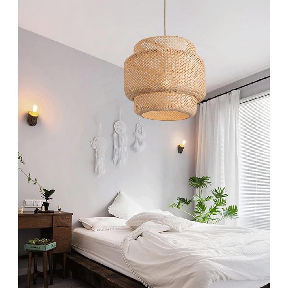Three-layer rattan pendant light – 19.7-inch hand-woven natural dome light fixture, with 59-inch adjustable hanging rope, bohemian style chandelier, suitable for living room, dining room or entryway – compatible with E26 bulb (bulb not included)