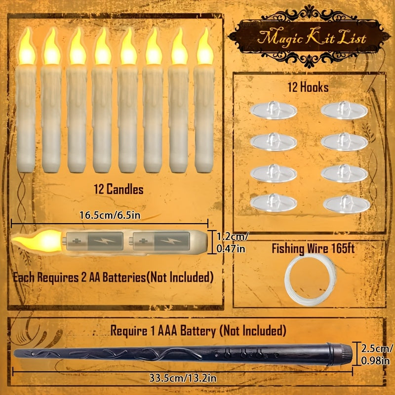 12/20件圣诞室内外装饰品，带魔法棒遥控的漂浮蜡烛 - 无火焰悬挂LED蜡烛，适合圣诞礼物、房间、家居、卧室、生日派对、家居、圣诞装饰、万圣节装饰